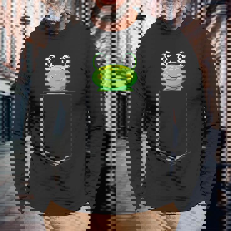 カエルポケットにカエルポケットペットカエルグリーンカエルポケット 長袖Tシャツ 高齢者への贈り物