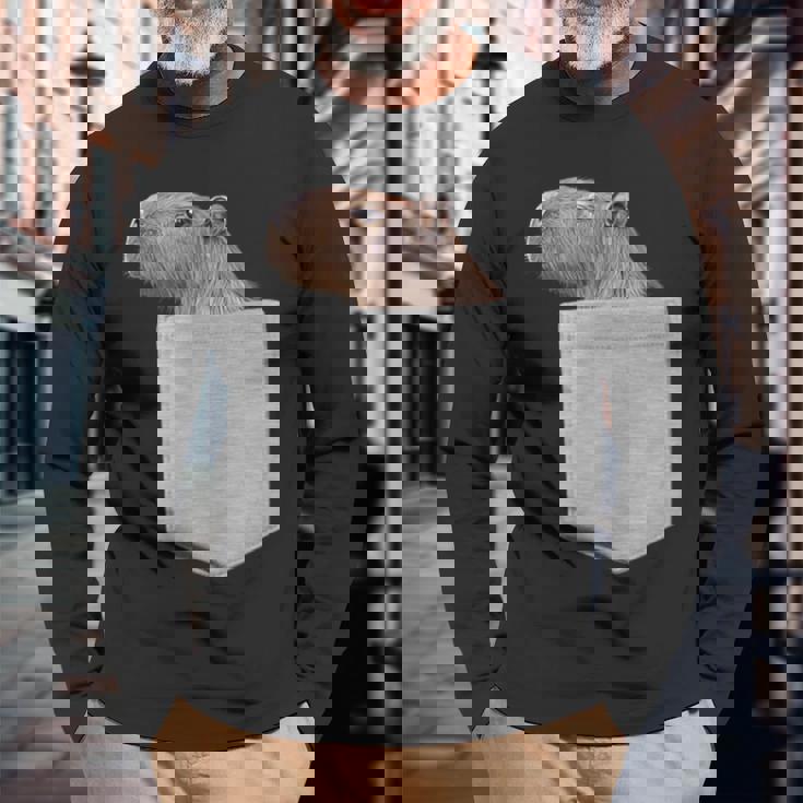 カピバラ フェイク ポケット カピバラ げっ歯類 げっ歯類 アニマル ノベルティ 長袖Tシャツ 高齢者への贈り物