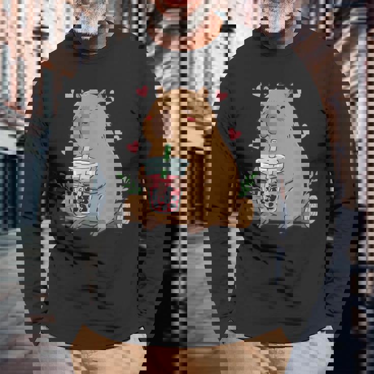 カピバラ ボバ バブルティー キッズ ガールズ キッズ カワイイ カピバラ 長袖Tシャツ 高齢者への贈り物