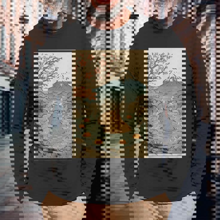 カピバラ 桜と温泉のカワイイアート 長袖Tシャツ 高齢者への贈り物