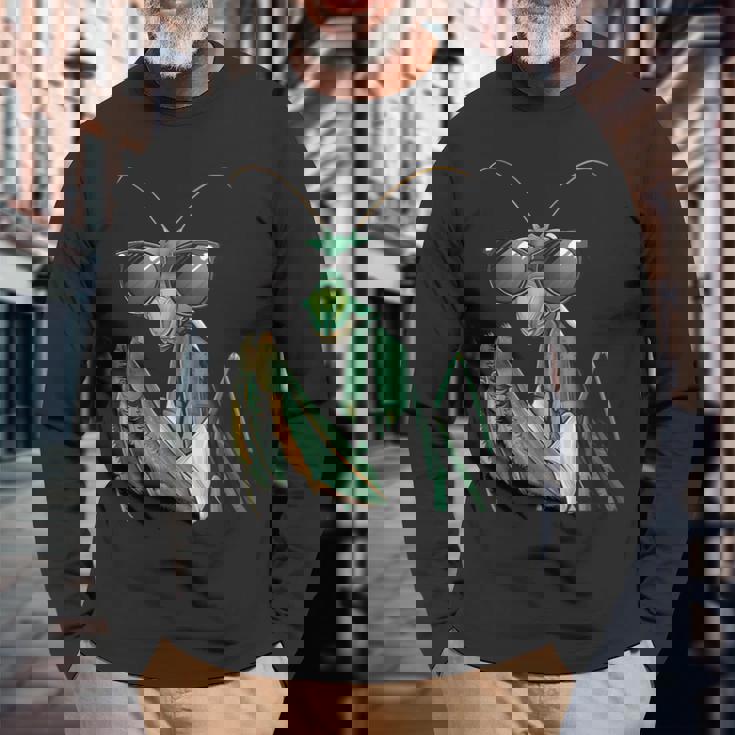 カマキリのサングラスをかぶったコスチュームファニーバグ昆虫 長袖Tシャツ 高齢者への贈り物