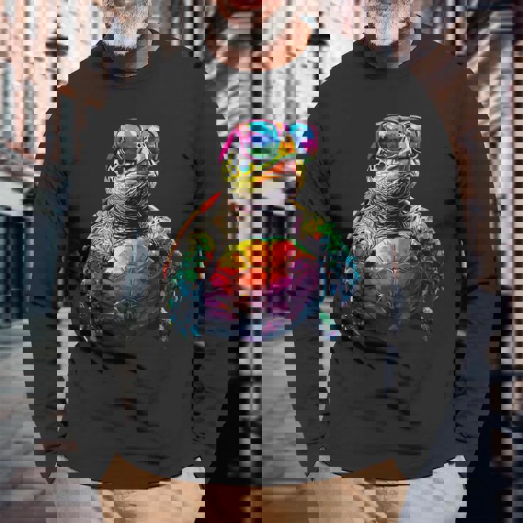 カメ カラフル Popart レインボー 爬虫類 かわいい亀 長袖Tシャツ 高齢者への贈り物