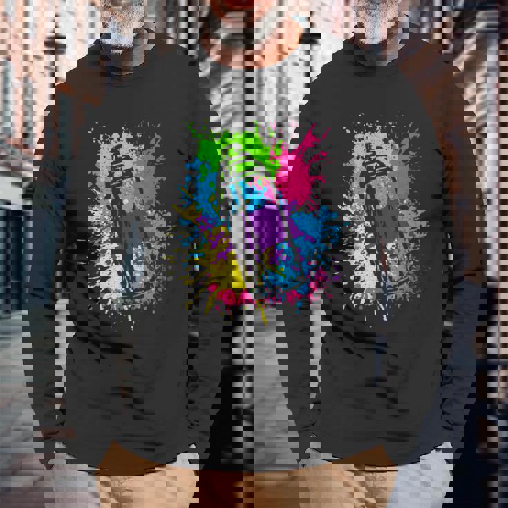 カラフル グラフィティグラフィックスプレーペンキの缶ストリートアートアーティスト 長袖Tシャツ 高齢者への贈り物