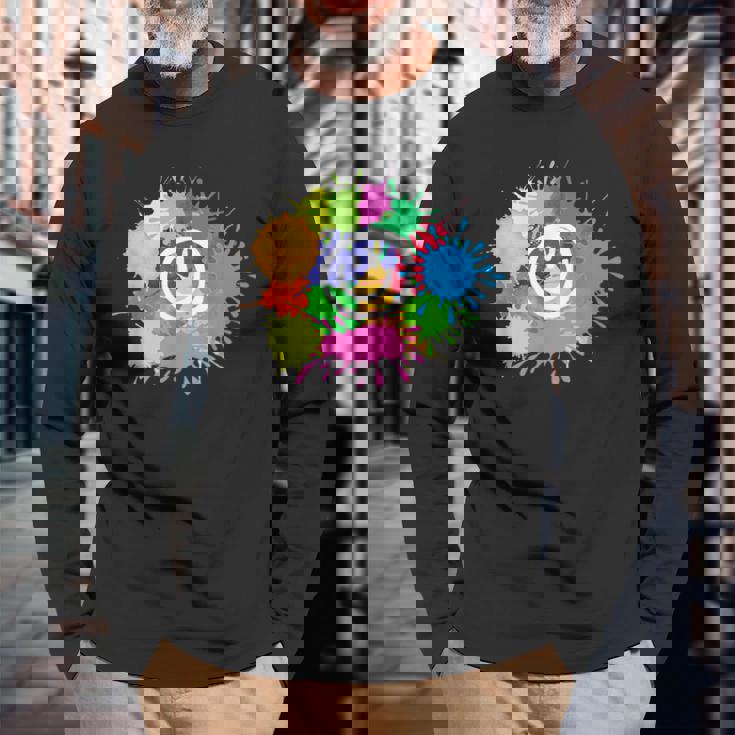 カラフル スプラッター ペイント 水彩 スマイル フェイス ユニセックス 長袖Tシャツ 高齢者への贈り物