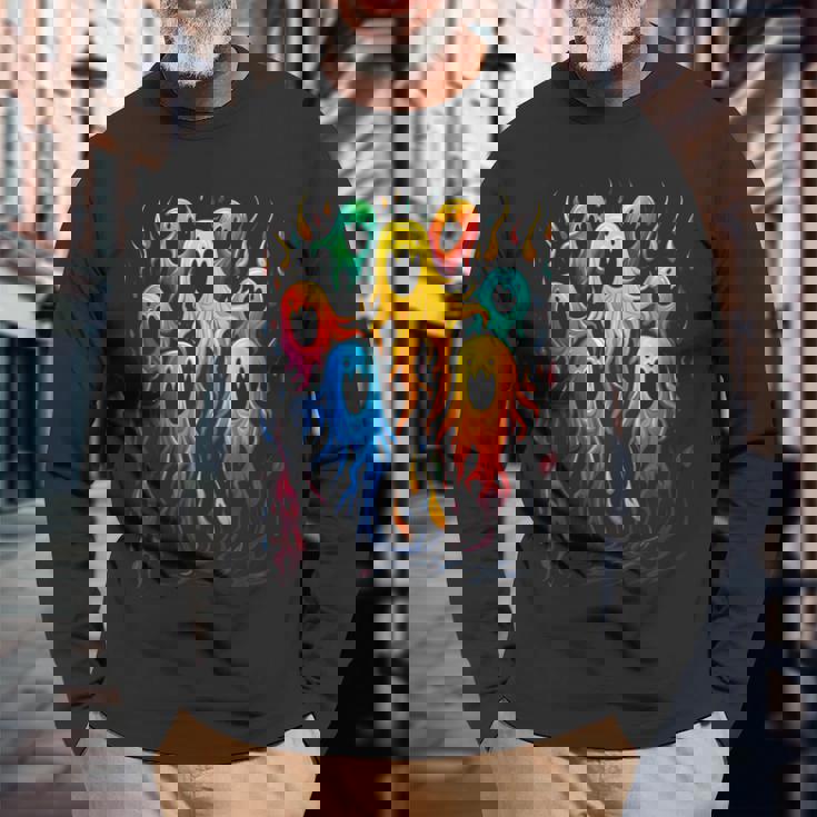 カラフル ハロウィン 幽霊 面白いグラフィックtシャツ 長袖Tシャツ 高齢者への贈り物