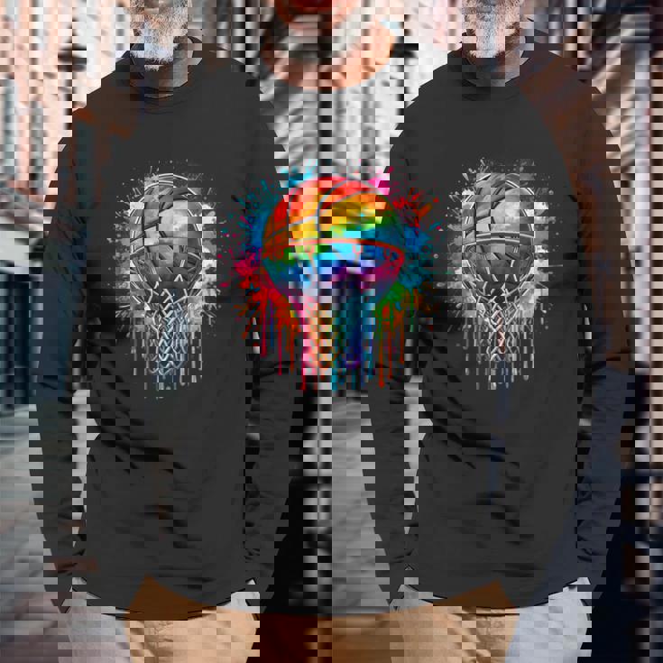 カラフル バスケットボール 絞り染め カラー スプラッシュ フープ ネット スラム ダンク 長袖Tシャツ 高齢者への贈り物