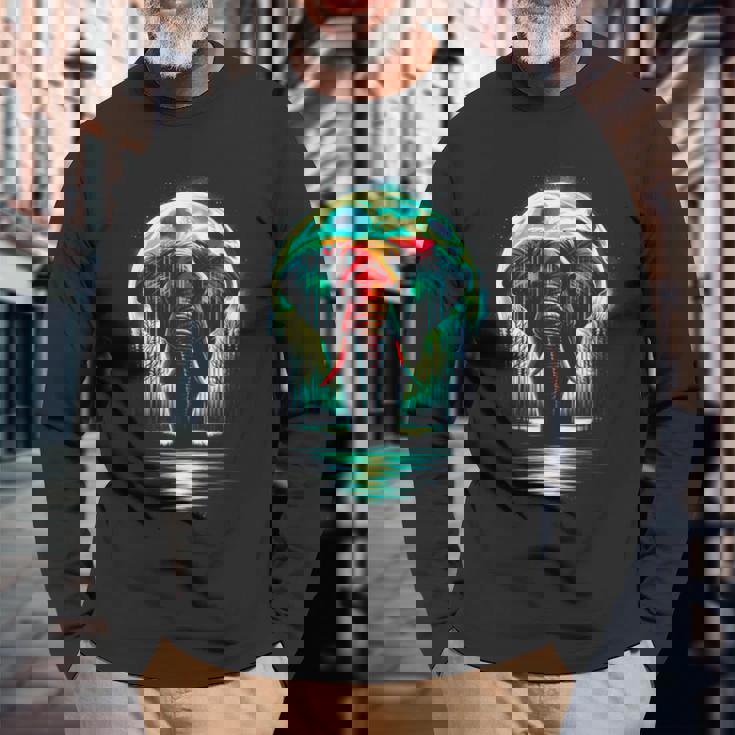 カラフル 象 精霊 動物 かっこいい イラスト アート 長袖Tシャツ 高齢者への贈り物