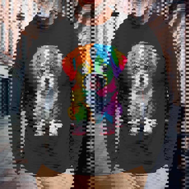 カラフルなかわいい子犬 愛らしい犬 長袖Tシャツ 高齢者への贈り物