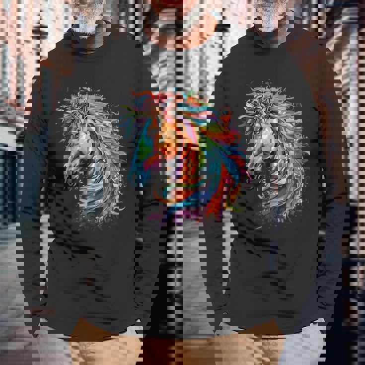 カラフルなアイルランドのドラフト馬愛好家スプラッシュアート 長袖Tシャツ 高齢者への贈り物