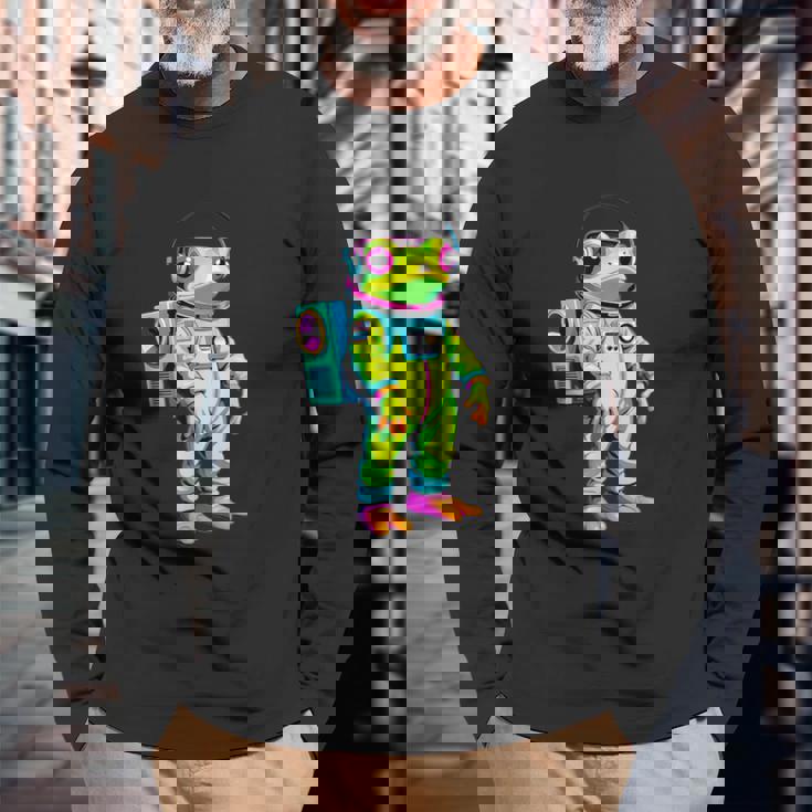 カラフルなカエルの宇宙飛行士キャラクター 長袖Tシャツ 高齢者への贈り物