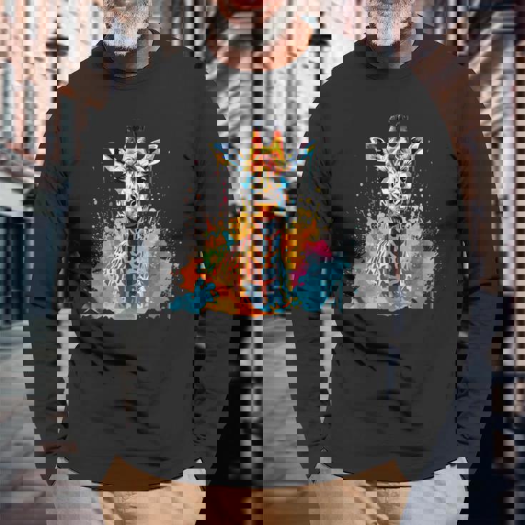 カラフルなキリン 動物 恋人 スプラッシュアート 長袖Tシャツ 高齢者への贈り物