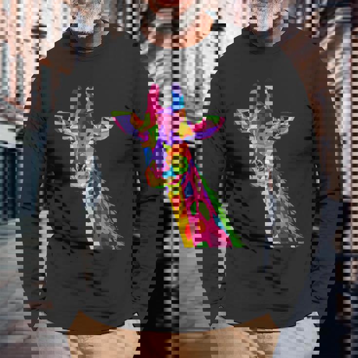 カラフルなキリン愛動物愛キリン 長袖Tシャツ 高齢者への贈り物