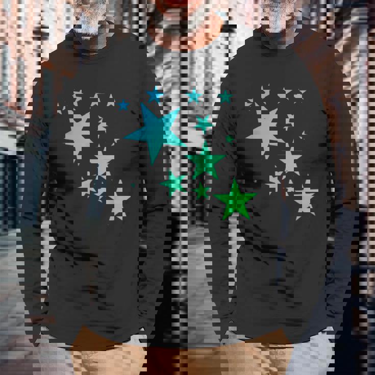 カラフルなグリーンブルーの星、星柄デザイン。 長袖Tシャツ 高齢者への贈り物