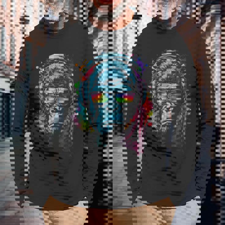 カラフルなゴリラとヘッドフォン レインボー バイブス エイプ モチーフ 長袖Tシャツ 高齢者への贈り物