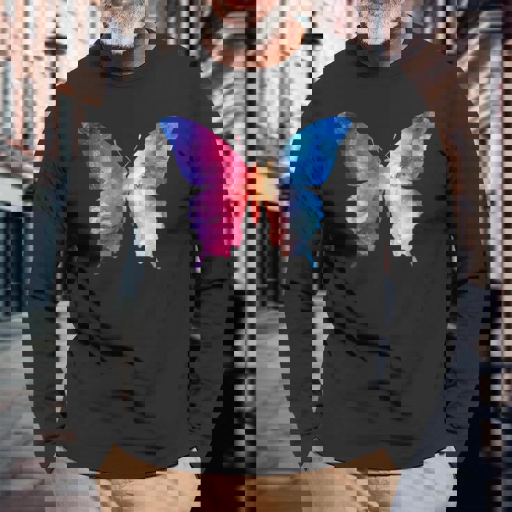 カラフルなシルエット抽象的な水彩蝶 長袖Tシャツ 高齢者への贈り物