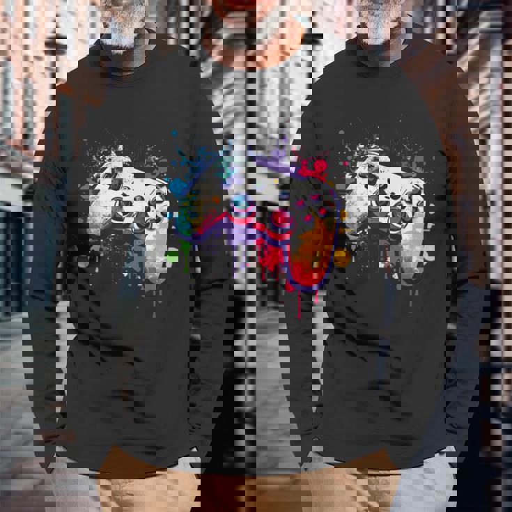 カラフルなビデオゲームコントローラー ジョイスティック コンソール 長袖Tシャツ 高齢者への贈り物