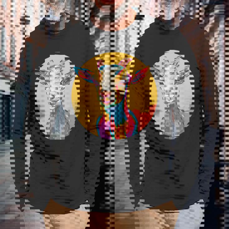 カラフルなヤギ 長袖Tシャツ 高齢者への贈り物