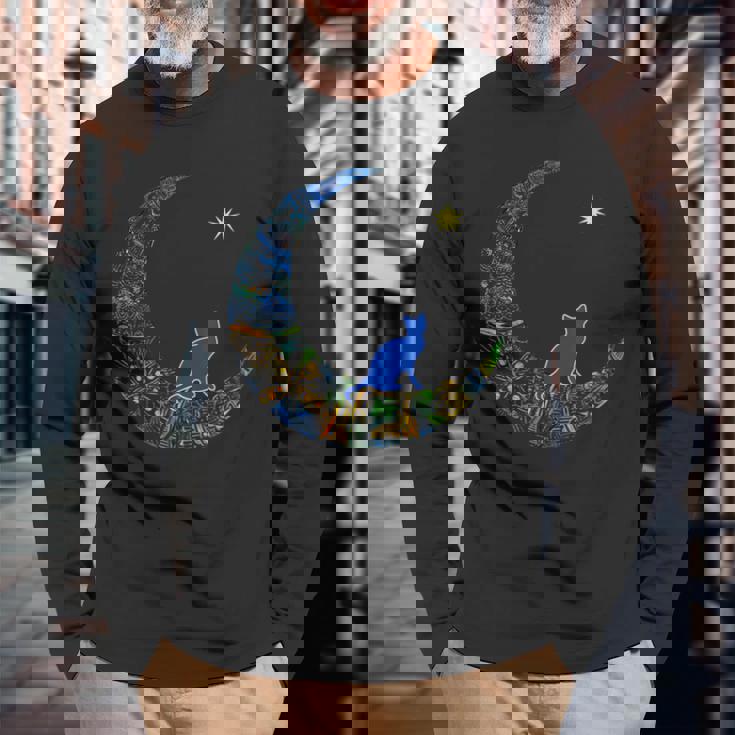 カラフルな曼荼羅三日月と猫と星 長袖Tシャツ 高齢者への贈り物