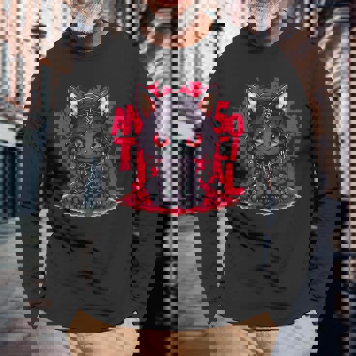 カワイイアニメ ゴシックキャット 反社会的 内向性 メンヘラ 長袖Tシャツ 高齢者への贈り物