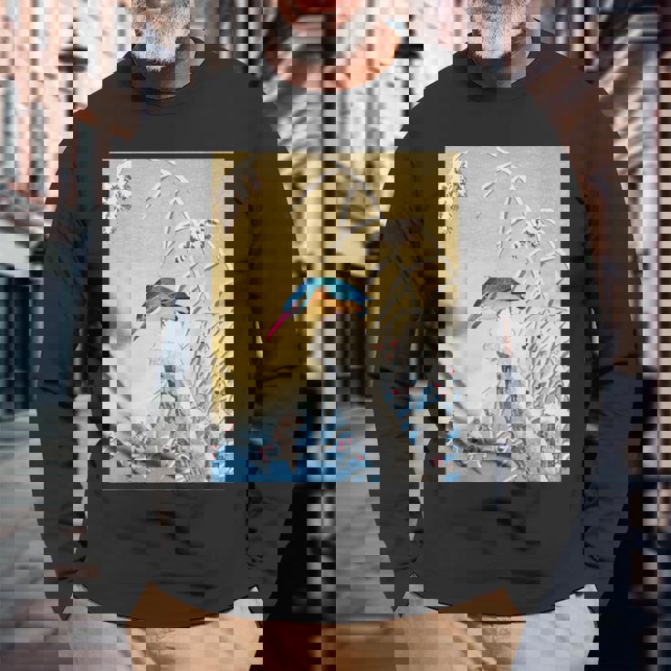 カワセミ 鳥 動物 ヴィンテージ 和 浮世絵 自然 江戸 長袖Tシャツ 高齢者への贈り物