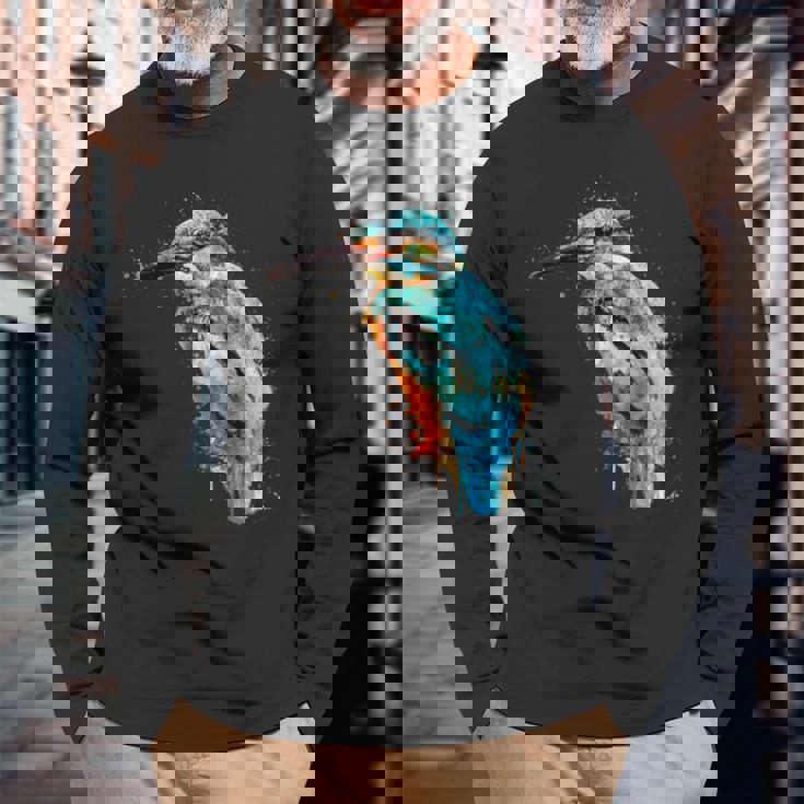 カワセミ 鳥 野生動物 動物 水彩 芸術的 ペインティング 長袖Tシャツ 高齢者への贈り物