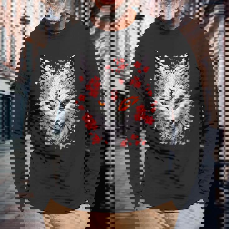 キツネ キツネ キツネ マスク アニメ カワイイ 桜 花 長袖Tシャツ 高齢者への贈り物