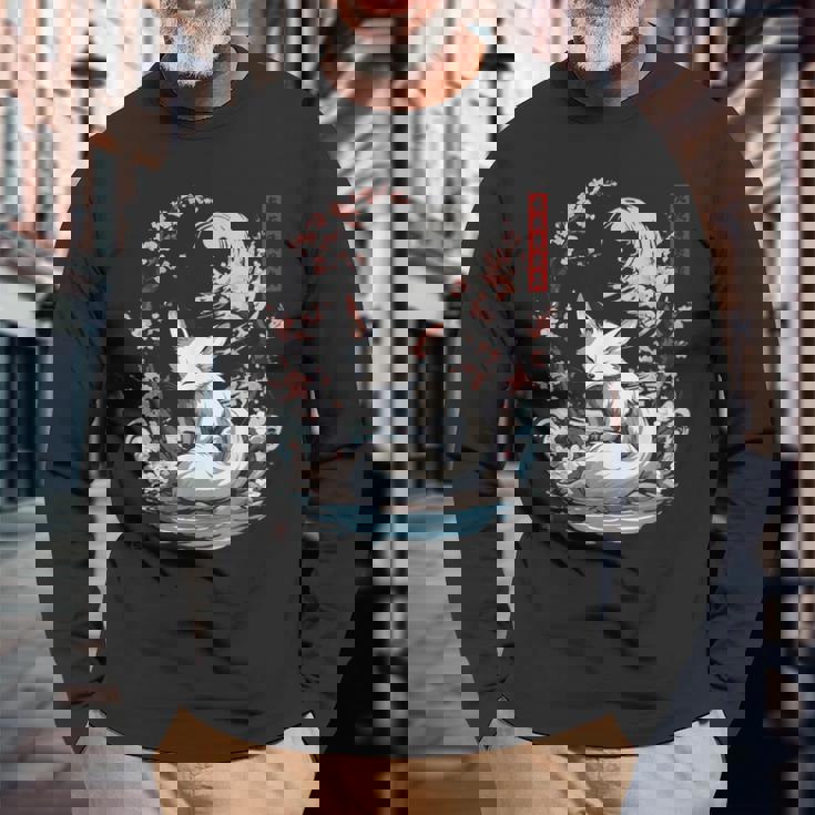 キツネ 妖怪 白狐 幽霊 浮世絵 ヴィンテージ 長袖Tシャツ 高齢者への贈り物