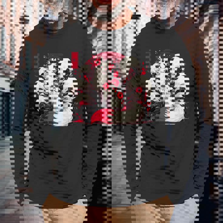 キツネ キツネ 赤いクモユリ 花 日本の九尾キツネ 長袖Tシャツ 高齢者への贈り物