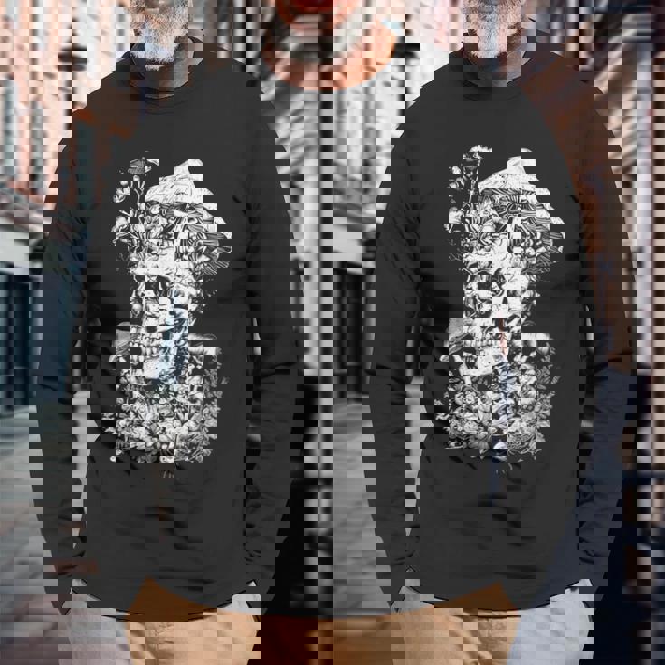 キノコや花があしらわれた骸骨の幻覚的なイラスト 長袖Tシャツ 高齢者への贈り物