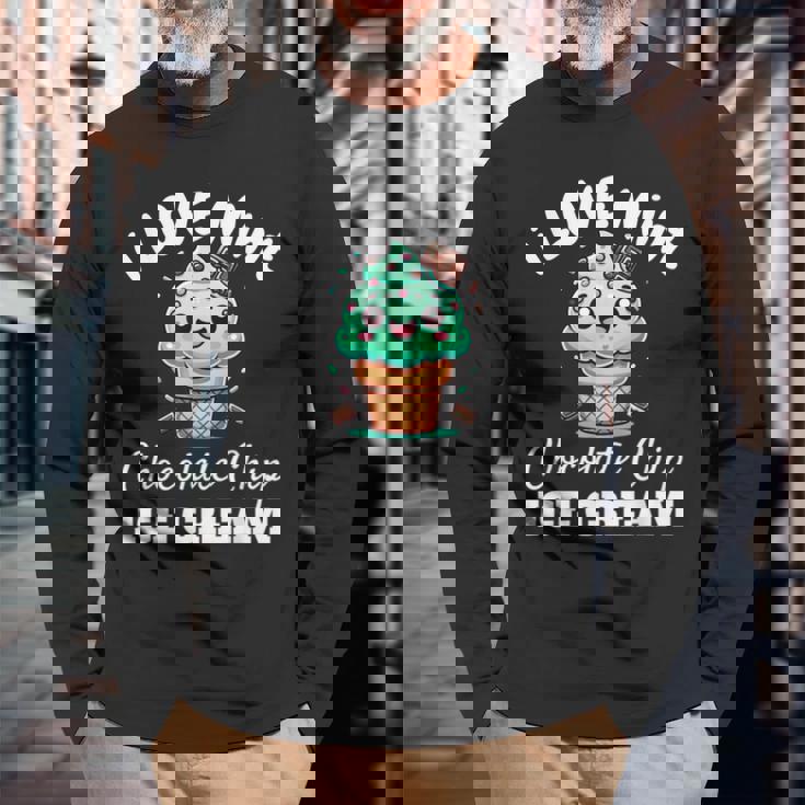 キュート アイラブミント チョコチップス アイスクリーム好き 夏 パーティー 長袖Tシャツ 高齢者への贈り物