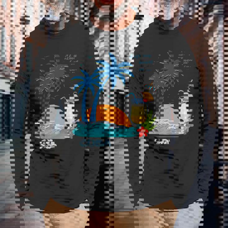 キューバ 熱帯の風景 ハバナ ギフト お土産 カリブ海 ヤシの木 冒険 長袖Tシャツ 高齢者への贈り物