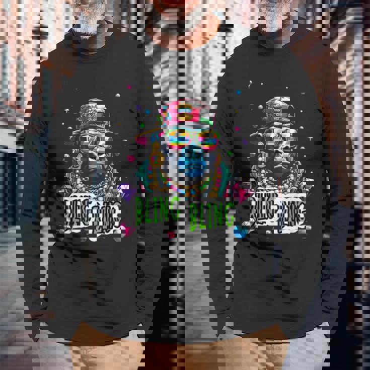 キラキラ光るクールなゴリラとジュエルヒップホップアートギャングスター 長袖Tシャツ 高齢者への贈り物