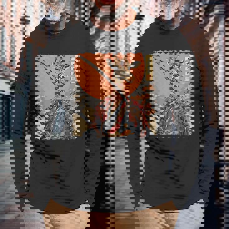 キリン 動物 日本美術 侍 浮世絵 長袖Tシャツ 高齢者への贈り物