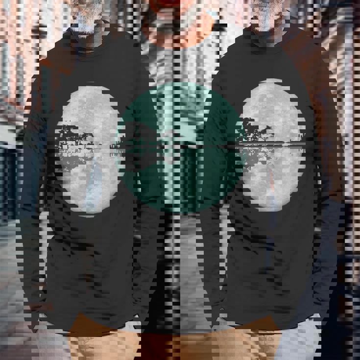 ギター 湖 反射 月 ギター ミュージシャン 長袖Tシャツ 高齢者への贈り物