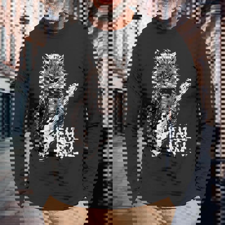 ギターを弾く猫 ヘヴィメタル ロックキャット おもしろギタリスト 長袖Tシャツ 高齢者への贈り物