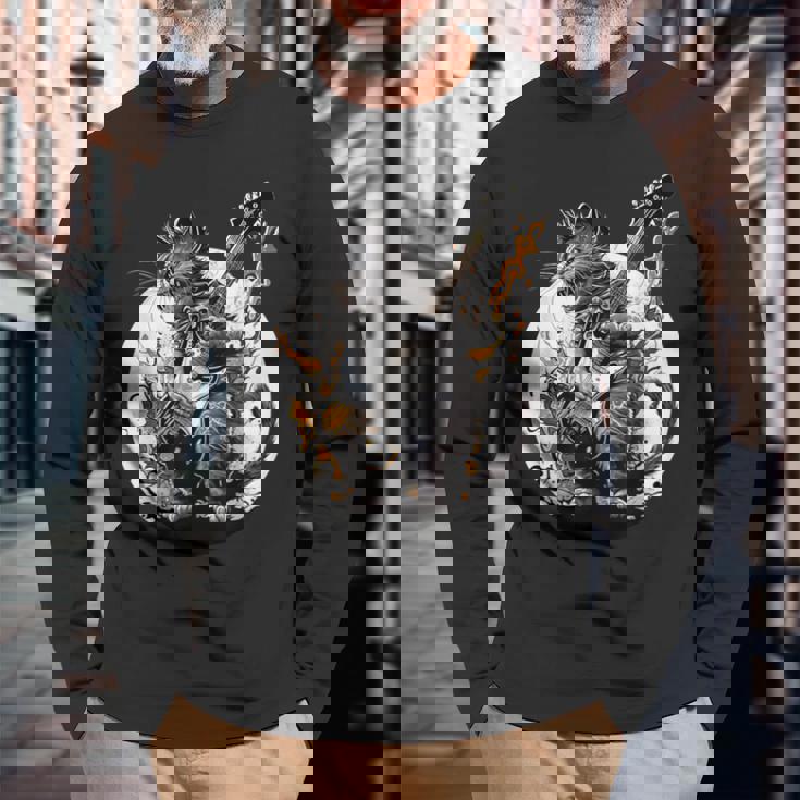 ギターを持った猫 ロックミュージックキャット ヘヴィメタルキャット 長袖Tシャツ 高齢者への贈り物