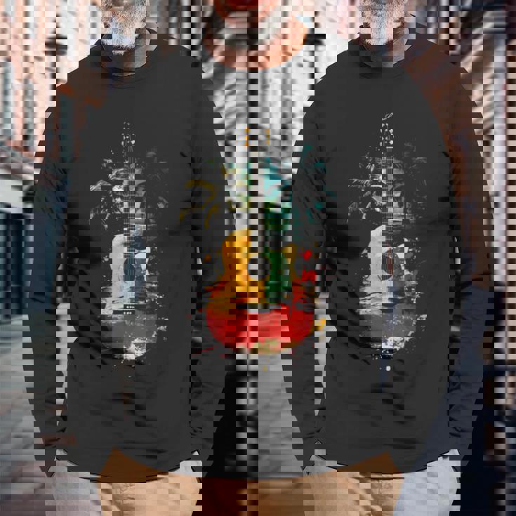 ギタープレーヤー ヤシの木 レゲエ 音楽 ギタリスト ミュージシャン 長袖tシャツ 長袖Tシャツ 高齢者への贈り物