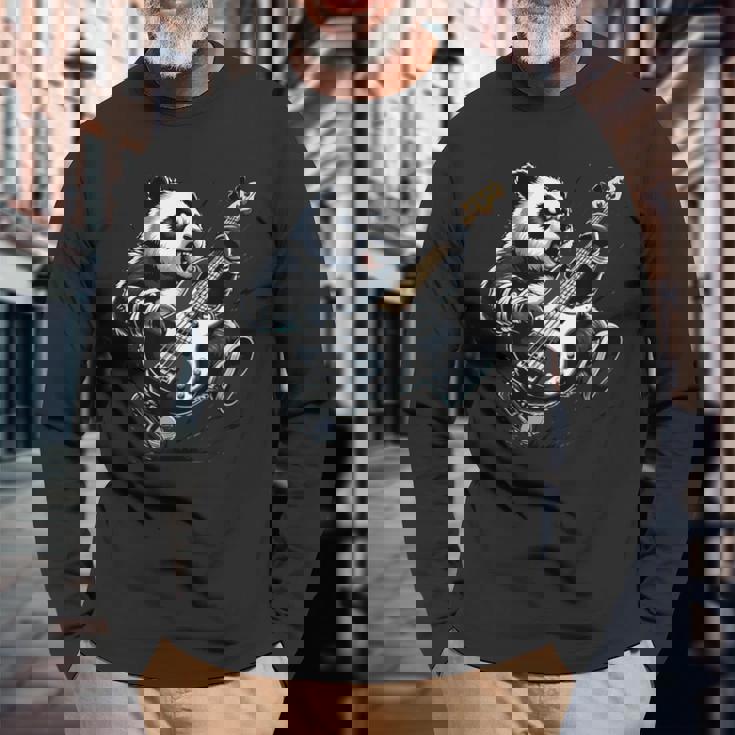 ギター付きパンダ グラフィック パンダ愛好家 パンダ ベース演奏 長袖Tシャツ 高齢者への贈り物