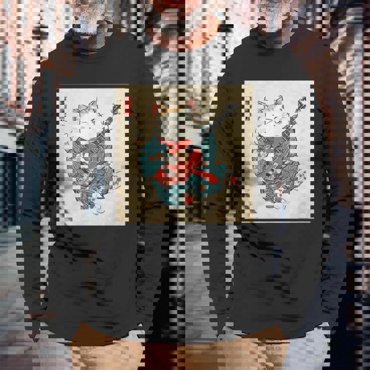 ギター奏でる猫 着物姿 ヴィンテージ 日本美術 面白い 長袖Tシャツ 高齢者への贈り物