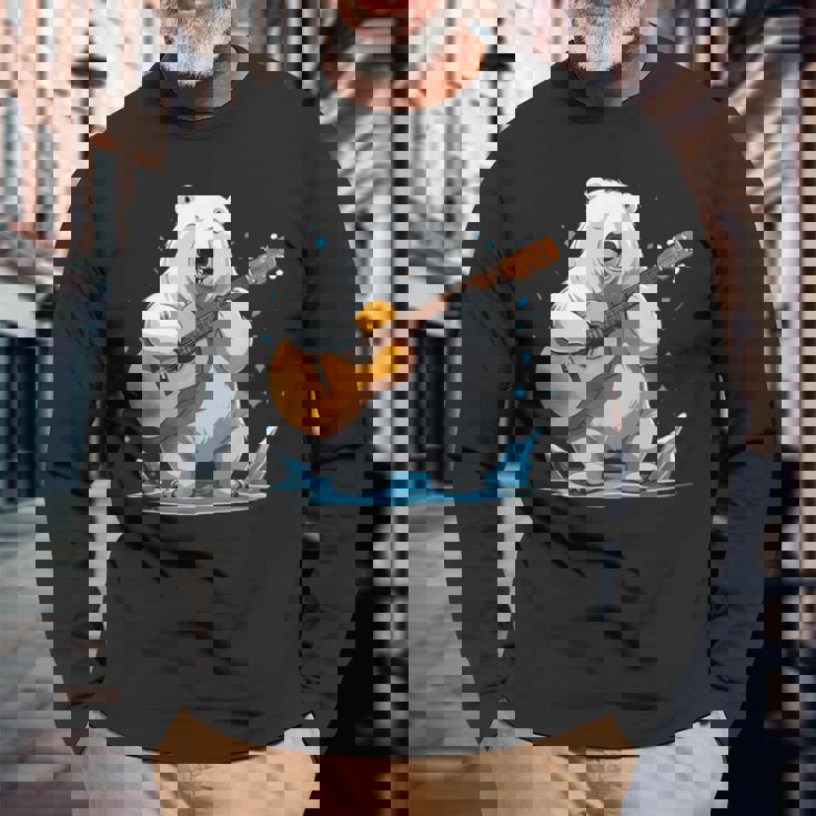 クマがアコースティックギターを弾くクマのギタリスト 長袖Tシャツ 高齢者への贈り物