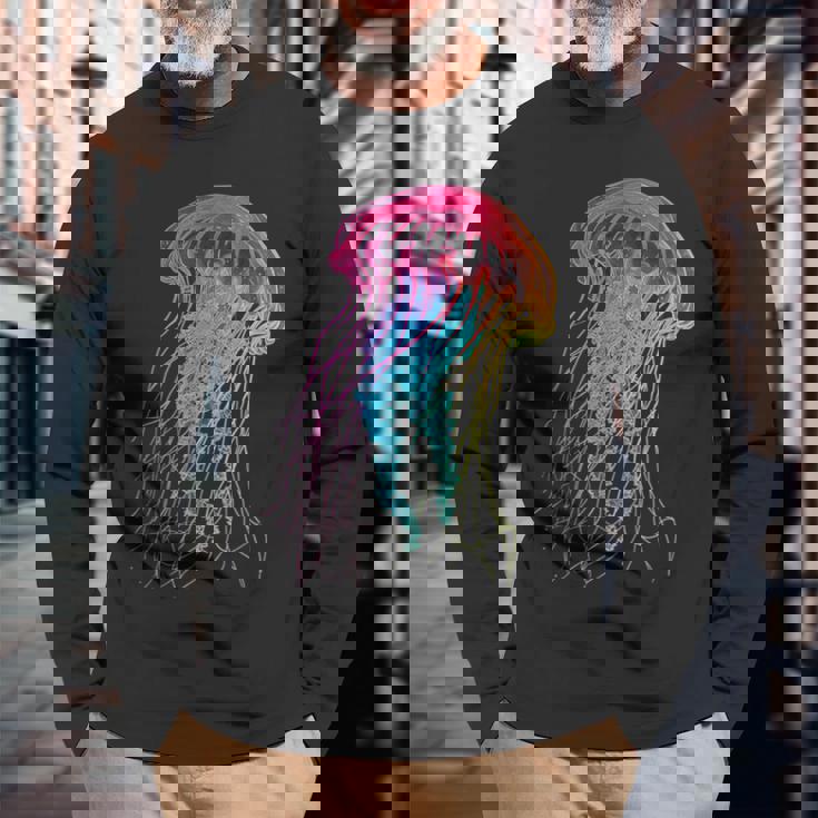 クラゲ カラフル ファンタジー 動物 アート グラフィック クラゲ 長袖Tシャツ 高齢者への贈り物