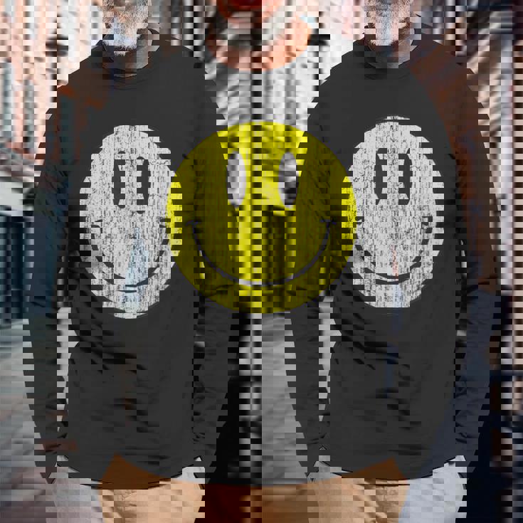 クラシック スマイリーシャツ アンティーク調 80年代風 アシッドハウス アイコン 顔文字 長袖Tシャツ 高齢者への贈り物