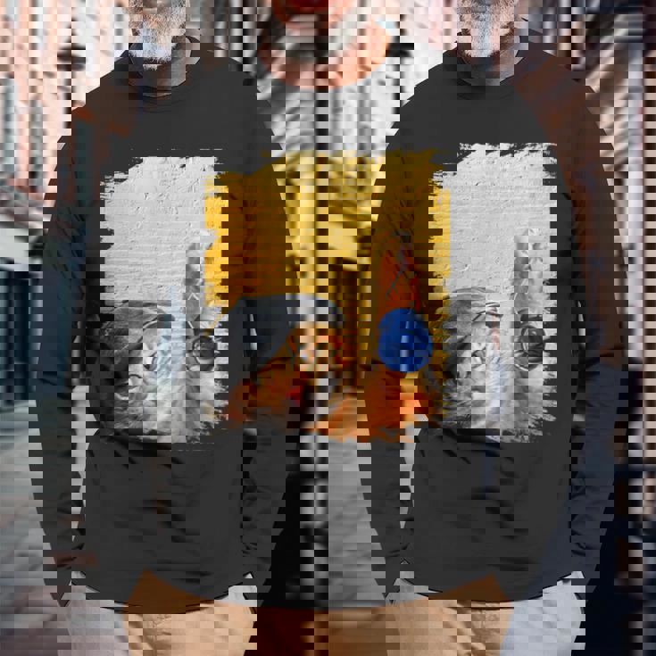 クラシックブルーヨーヨーの猫 長袖Tシャツ 高齢者への贈り物