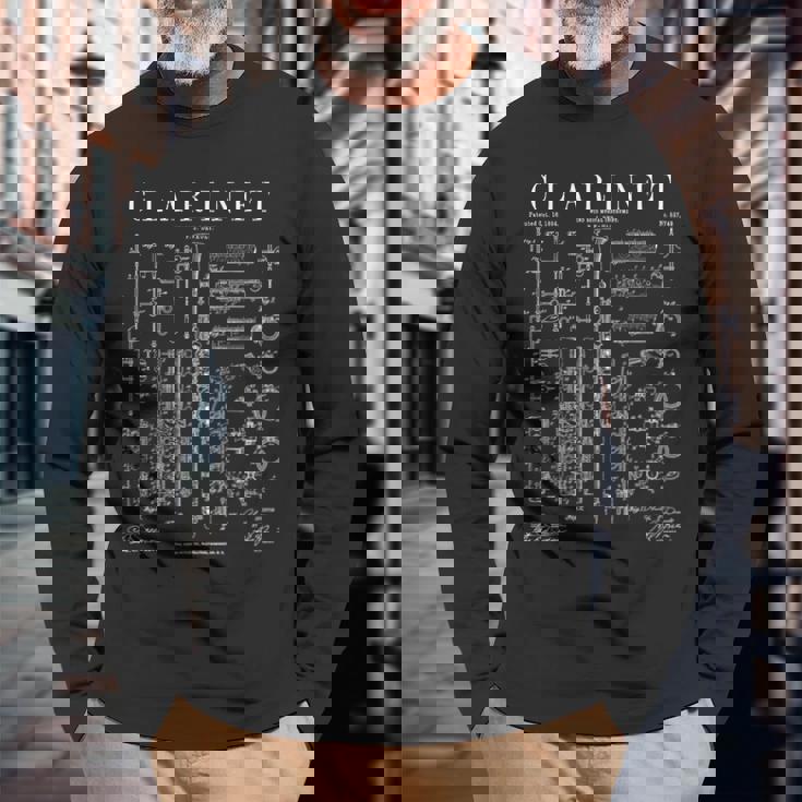 クラリネット ヴィンテージ 特許 クラリネット主義者 図面プリント 長袖Tシャツ 高齢者への贈り物