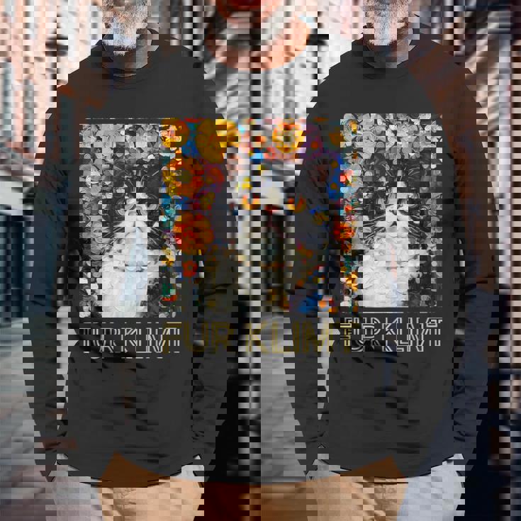 クリムト絵画の猫、猫好き、エキゾチックショートヘア、アーティスト 長袖Tシャツ 高齢者への贈り物