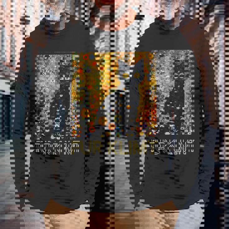 クリムト絵画の黒猫、猫好き、アーティスト美術学生 長袖Tシャツ 高齢者への贈り物