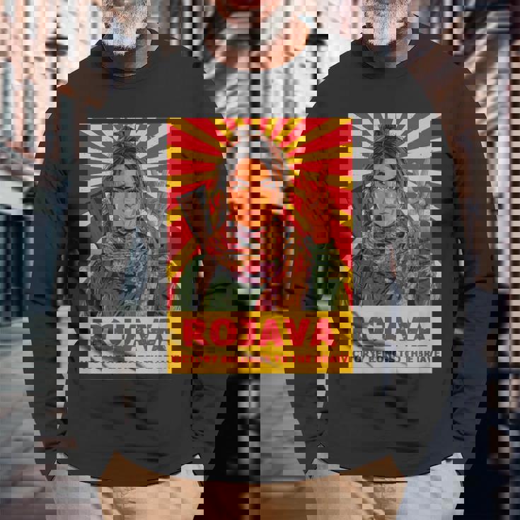 クルドのロジャバ クルディスタン 「勝利 」デザイン 長袖Tシャツ 高齢者への贈り物