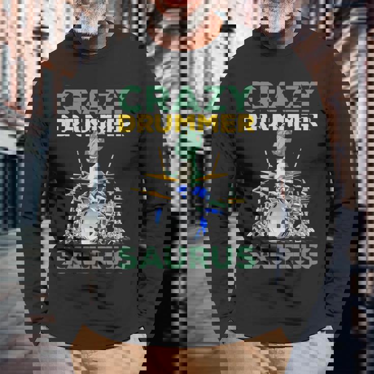 クレイジードラマー ザウルス ドラムプレーヤー ドラム 音楽プレーヤー 恐竜 長袖Tシャツ 高齢者への贈り物