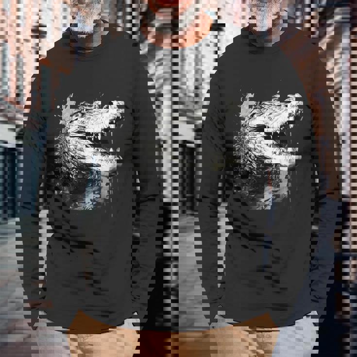 クロコダイル ワニの肖像画 爬虫類 カラフル アニマルプリント 長袖Tシャツ 高齢者への贈り物