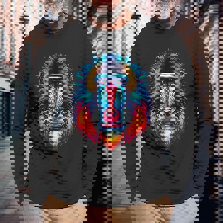 クール マンドリル 猿の精霊 動物 イラスト 絞り染め アート 長袖Tシャツ 高齢者への贈り物